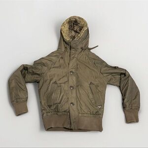 Y2K American Eagle Bomber Jacket Small S Army Green Faux Fur Lined Hood Sherpa